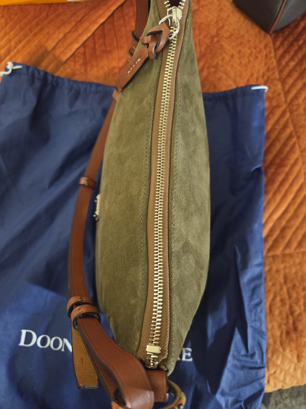 Dooney & Bourke Olive Suede Hobo Bag with Brown Leather Trim 9.5x5.5x11.5 - Picture 5 of 9